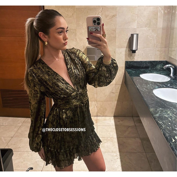 ZARA Metallic V-Neck Pleated Mini Dress NWT | Gold Long Sleeve (M) - Picture 9 of 16